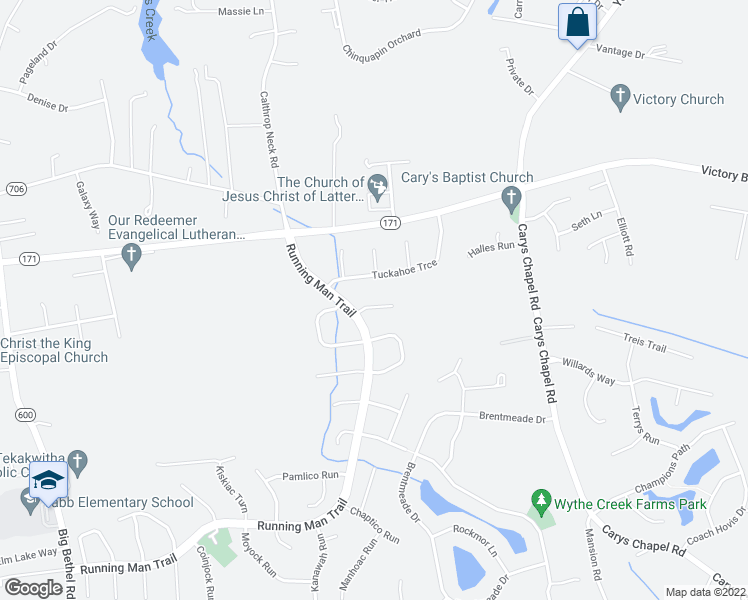 map of restaurants, bars, coffee shops, grocery stores, and more near 105 Kicotan Turn in Yorktown
