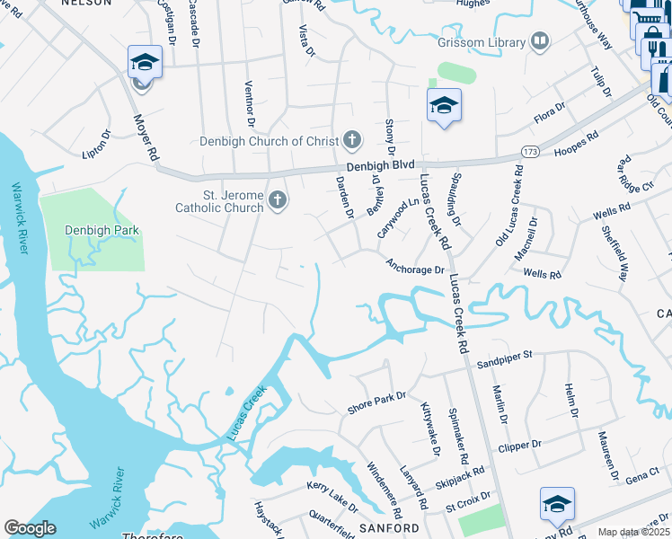 map of restaurants, bars, coffee shops, grocery stores, and more near 54 Anchorage Drive in Newport News