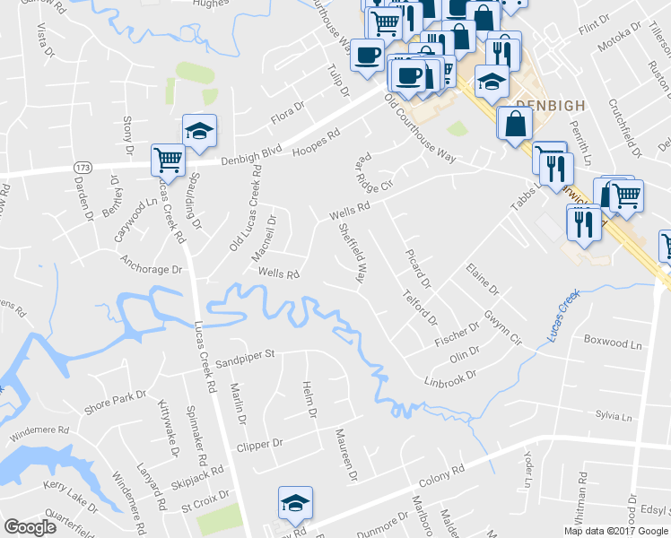 map of restaurants, bars, coffee shops, grocery stores, and more near 209 Newcastle Court in Newport News