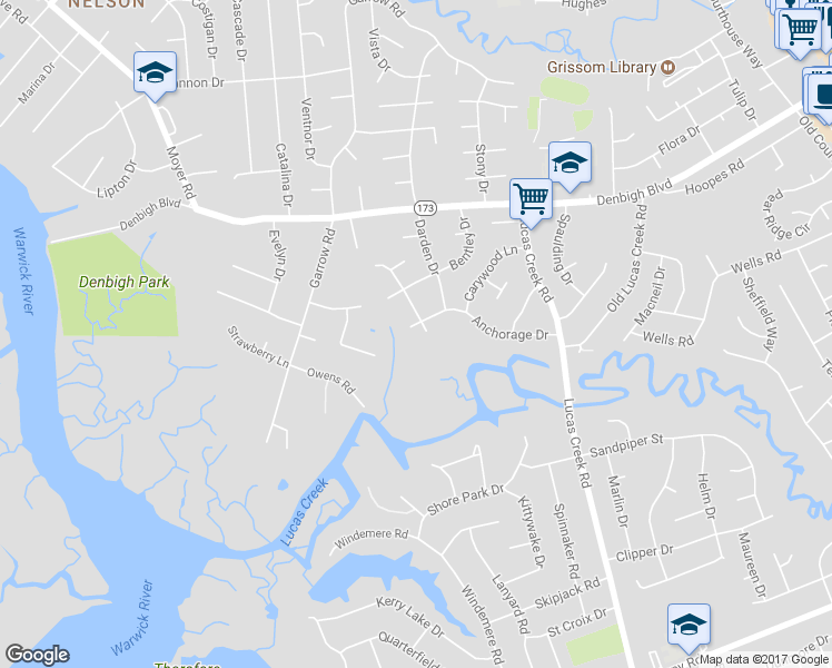 map of restaurants, bars, coffee shops, grocery stores, and more near 54 Anchorage Drive in Newport News