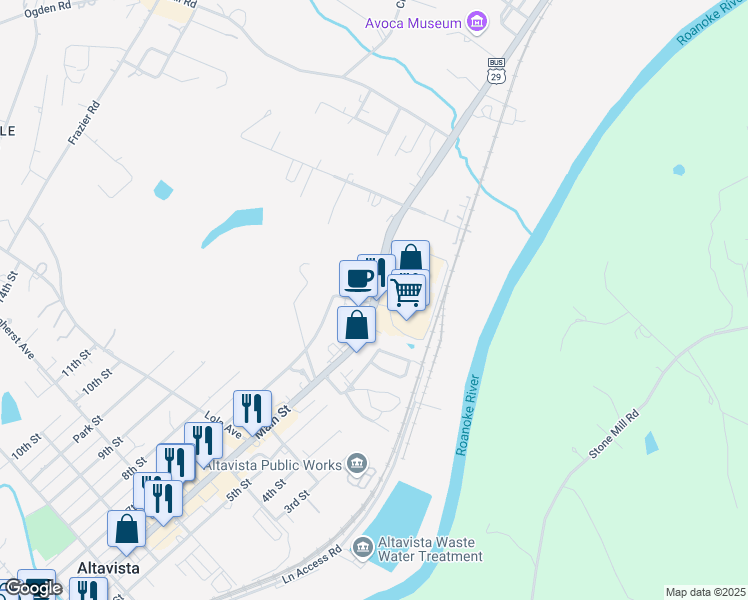 map of restaurants, bars, coffee shops, grocery stores, and more near 1301 Main Street in Altavista