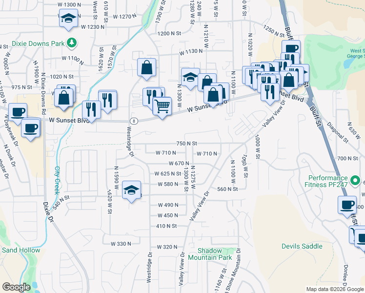 map of restaurants, bars, coffee shops, grocery stores, and more near 1313 West 750 North in St. George