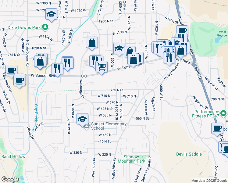map of restaurants, bars, coffee shops, grocery stores, and more near 1313 West 750 North in St. George