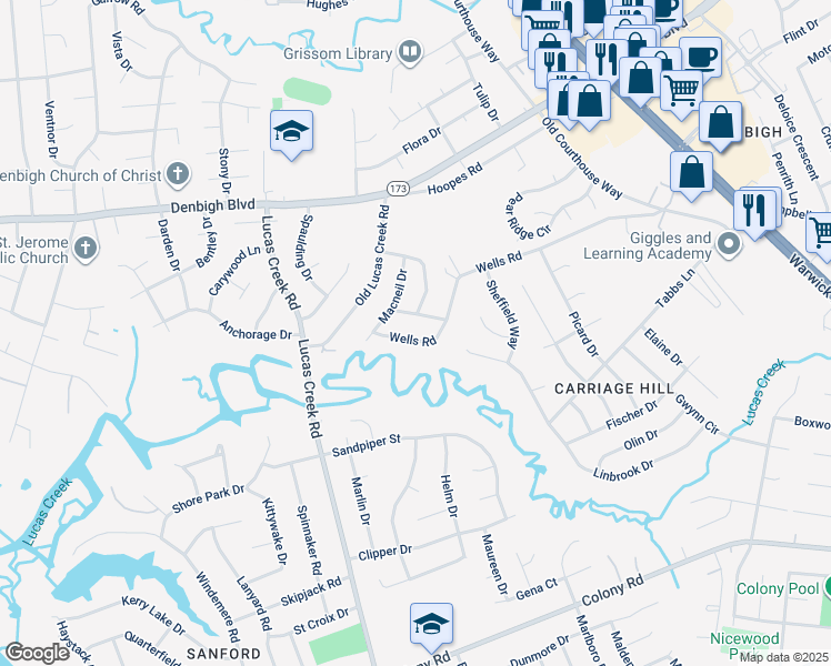 map of restaurants, bars, coffee shops, grocery stores, and more near 113 Wells Road in Newport News