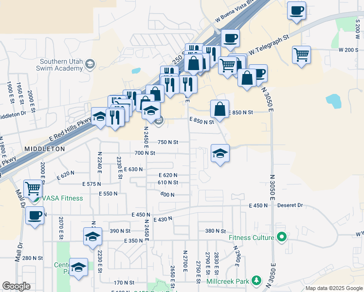 map of restaurants, bars, coffee shops, grocery stores, and more near 2620 East 700 North in St. George