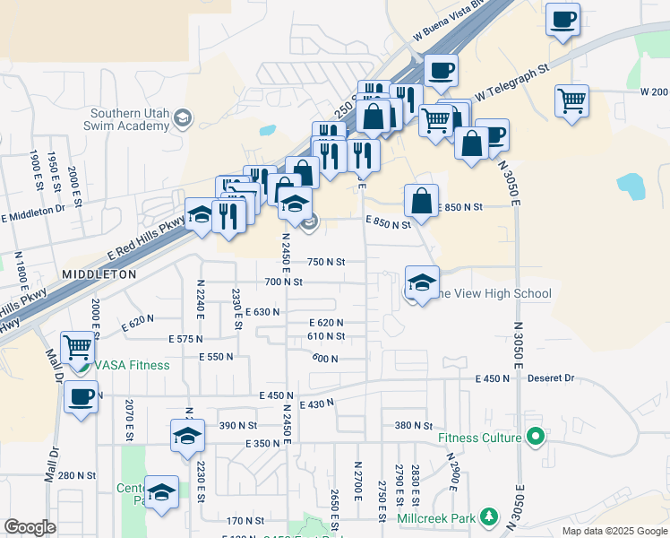 map of restaurants, bars, coffee shops, grocery stores, and more near 2620 East 700 North in St. George