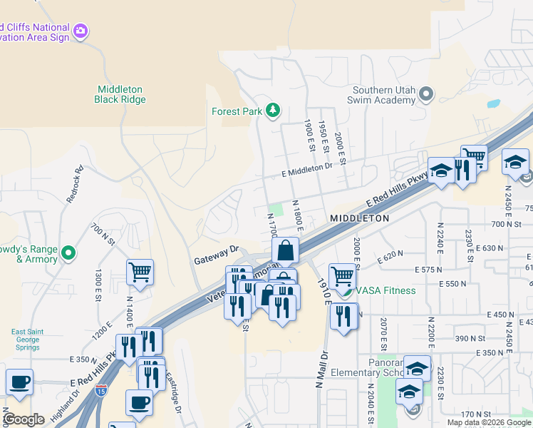 map of restaurants, bars, coffee shops, grocery stores, and more near 1634 E 800 N in St George