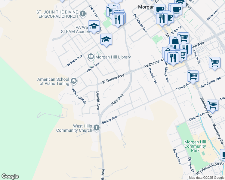 map of restaurants, bars, coffee shops, grocery stores, and more near 16937 La Selva Drive in Morgan Hill
