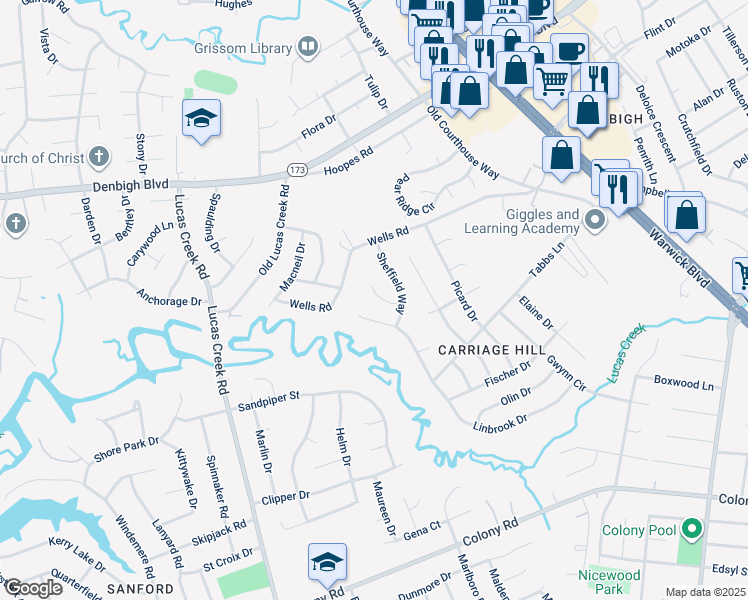 map of restaurants, bars, coffee shops, grocery stores, and more near 209 Newcastle Court in Newport News