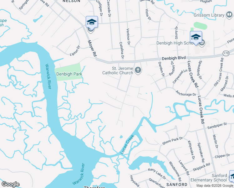map of restaurants, bars, coffee shops, grocery stores, and more near 102 Larson Court in Newport News