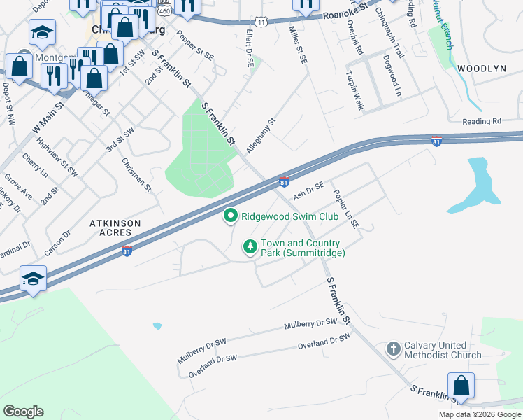 map of restaurants, bars, coffee shops, grocery stores, and more near 159 Franklin Parke Court Southwest in Christiansburg