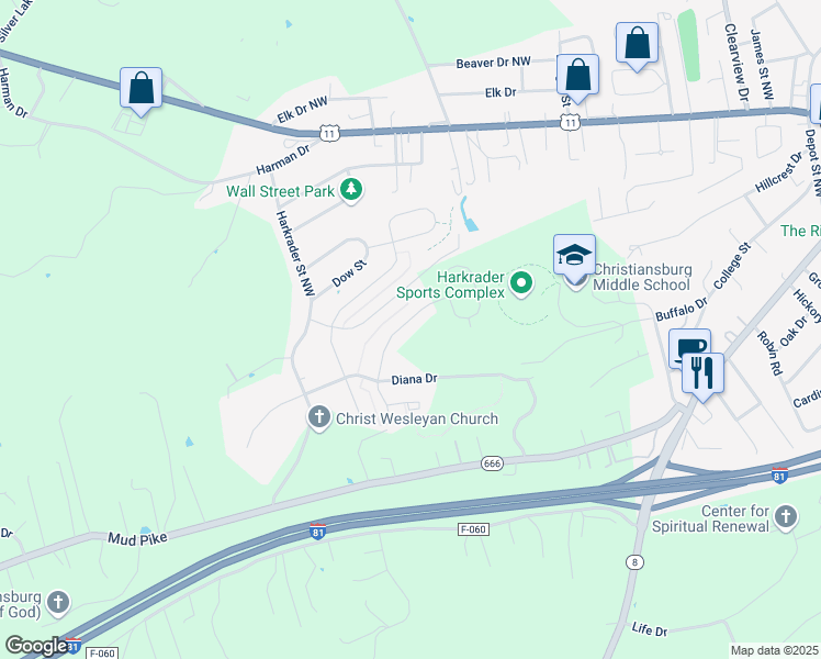 map of restaurants, bars, coffee shops, grocery stores, and more near 1202 Buffalo Drive in Christiansburg