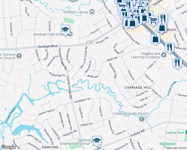 map of restaurants, bars, coffee shops, grocery stores, and more near 113 Wells Road in Newport News