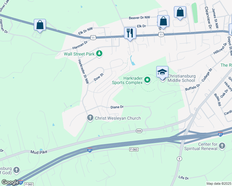 map of restaurants, bars, coffee shops, grocery stores, and more near 1202 Buffalo Drive in Christiansburg