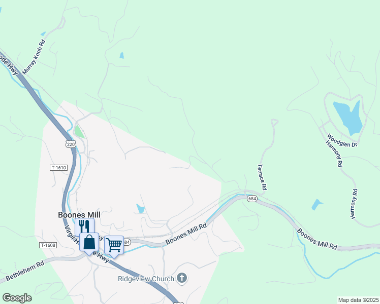 map of restaurants, bars, coffee shops, grocery stores, and more near 100 Primrose Circle in Boones Mill