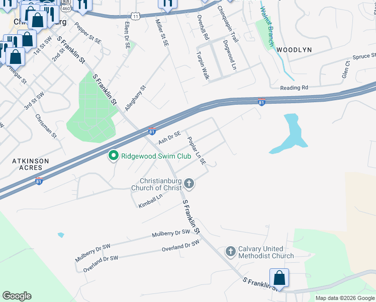 map of restaurants, bars, coffee shops, grocery stores, and more near 165 Maple Drive Southeast in Christiansburg