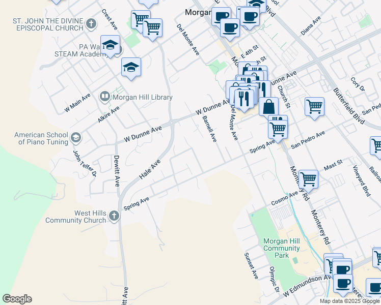 map of restaurants, bars, coffee shops, grocery stores, and more near 16697 Lone Hill Drive in Morgan Hill