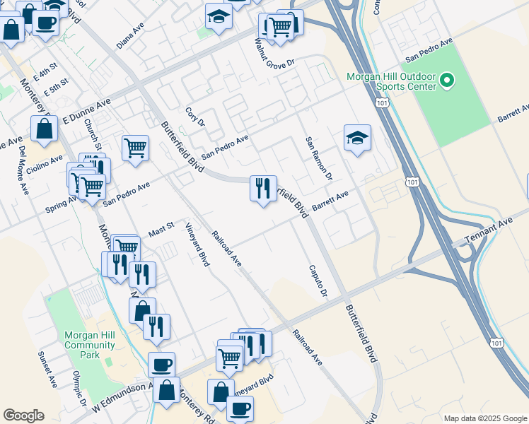 map of restaurants, bars, coffee shops, grocery stores, and more near 455 Barrett Avenue in Morgan Hill