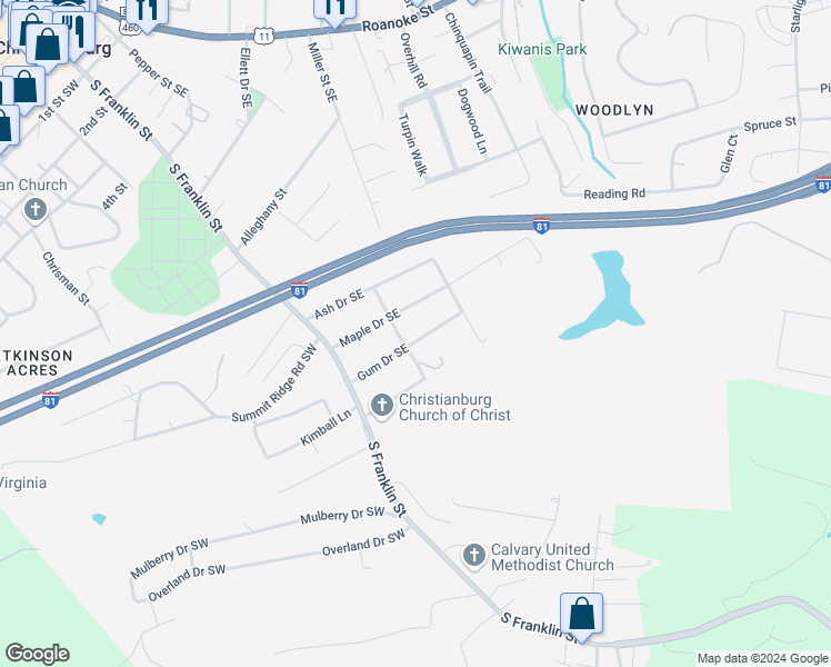 map of restaurants, bars, coffee shops, grocery stores, and more near 210 Gum Drive Southeast in Christiansburg