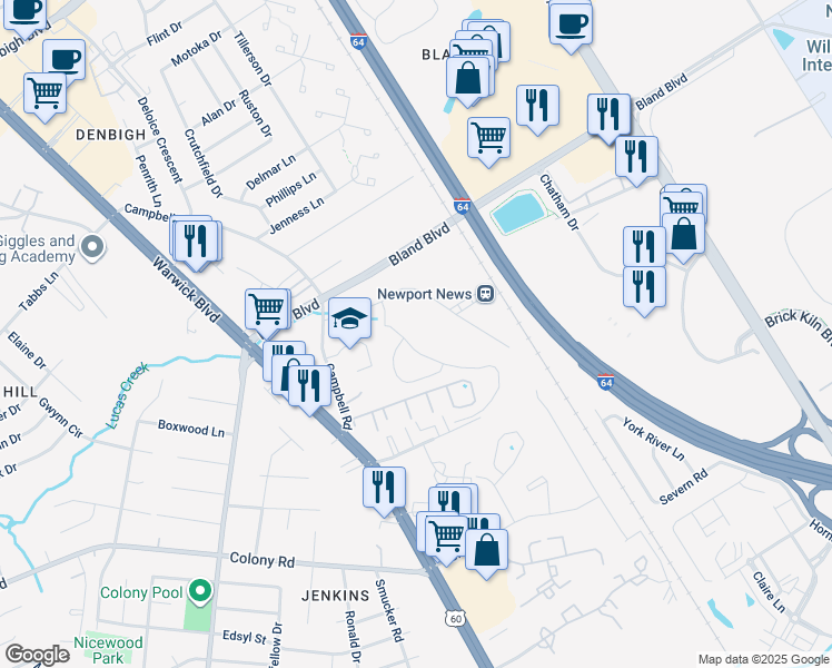 map of restaurants, bars, coffee shops, grocery stores, and more near 522 Knolls Drive in Newport News