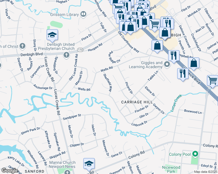map of restaurants, bars, coffee shops, grocery stores, and more near 111 Sheffield Way in Newport News