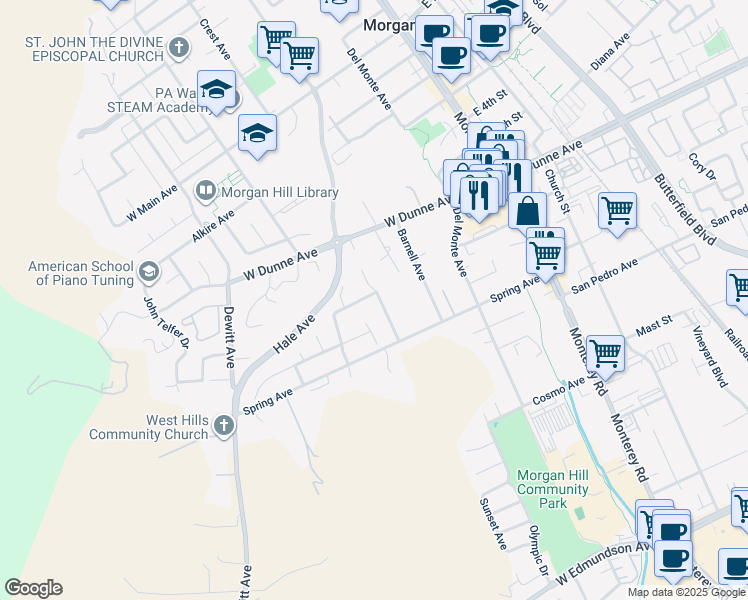 map of restaurants, bars, coffee shops, grocery stores, and more near 16697 Lone Hill Drive in Morgan Hill