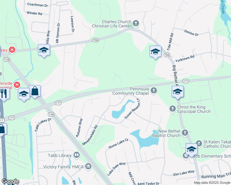 map of restaurants, bars, coffee shops, grocery stores, and more near 306 Meadowlake Road in Yorktown