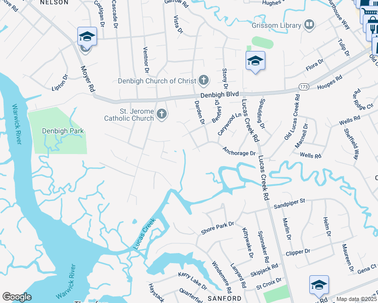 map of restaurants, bars, coffee shops, grocery stores, and more near 761 Owens Road in Newport News