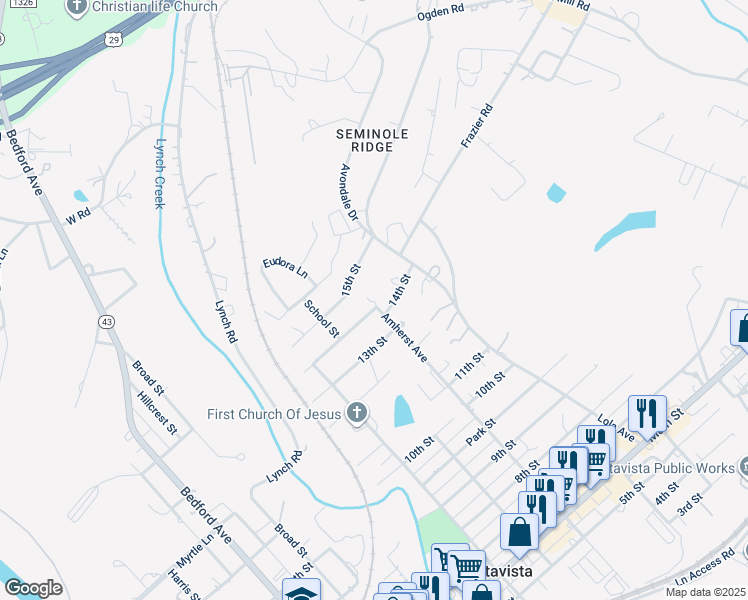 map of restaurants, bars, coffee shops, grocery stores, and more near 914 14th Street in Altavista