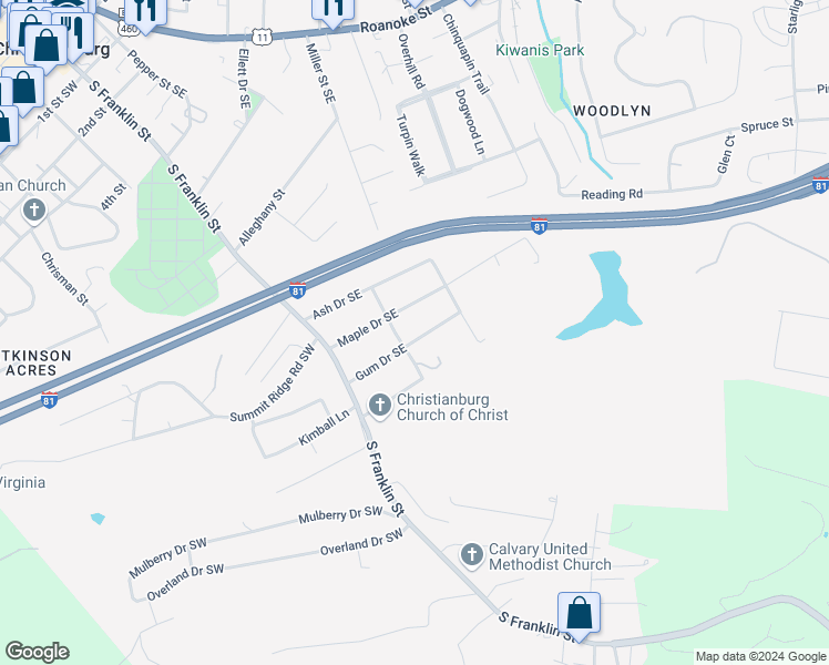 map of restaurants, bars, coffee shops, grocery stores, and more near 210 Gum Drive Southeast in Christiansburg