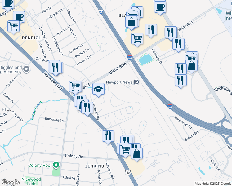 map of restaurants, bars, coffee shops, grocery stores, and more near 3640 Campbell Road in Newport News