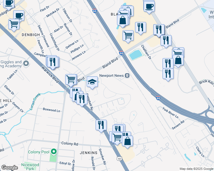 map of restaurants, bars, coffee shops, grocery stores, and more near 3640 Campbell Road in Newport News