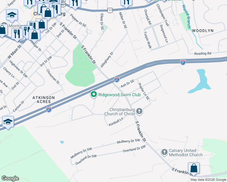 map of restaurants, bars, coffee shops, grocery stores, and more near 104 Franklin Parke Court Southwest in Christiansburg