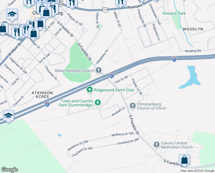 map of restaurants, bars, coffee shops, grocery stores, and more near 104 Franklin Parke Court Southwest in Christiansburg