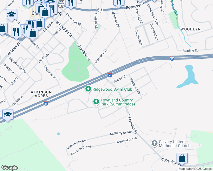 map of restaurants, bars, coffee shops, grocery stores, and more near 104 Franklin Parke Court Southwest in Christiansburg