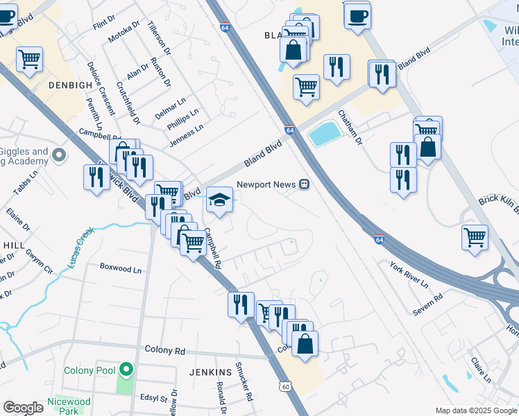 map of restaurants, bars, coffee shops, grocery stores, and more near 3640 Campbell Road in Newport News