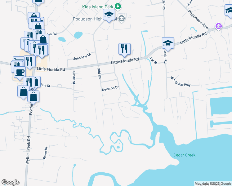 map of restaurants, bars, coffee shops, grocery stores, and more near 22 Robert Bruce Road in Poquoson