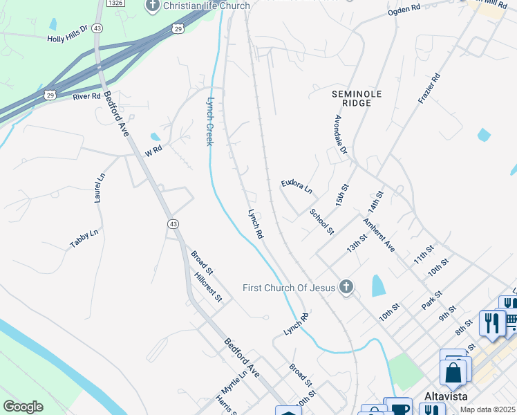 map of restaurants, bars, coffee shops, grocery stores, and more near 1255 Lynch Road in Altavista
