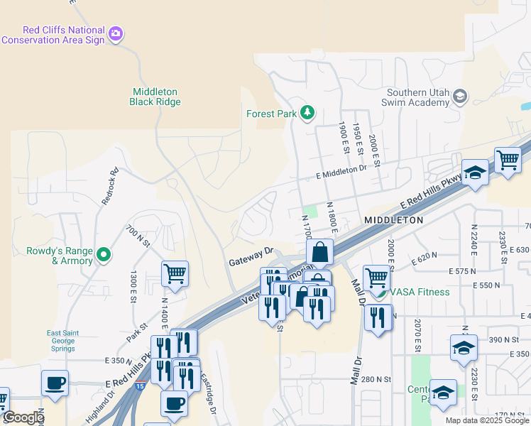 map of restaurants, bars, coffee shops, grocery stores, and more near 840 Twin Lakes Drive in St. George