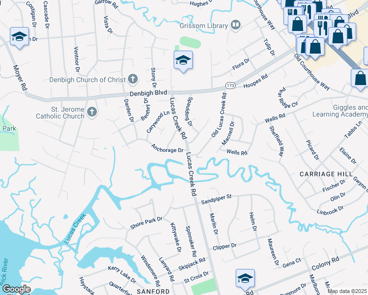 map of restaurants, bars, coffee shops, grocery stores, and more near 94 Anchorage Drive in Newport News