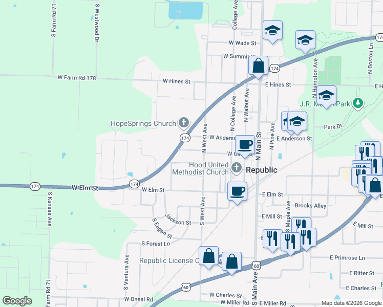 map of restaurants, bars, coffee shops, grocery stores, and more near 414 West Grant Street in Republic