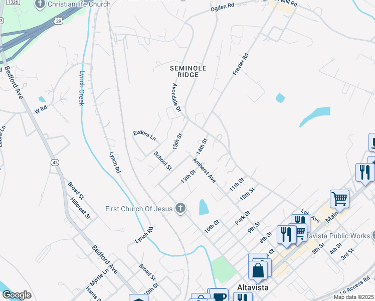 map of restaurants, bars, coffee shops, grocery stores, and more near 914 14th Street in Altavista