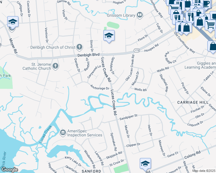 map of restaurants, bars, coffee shops, grocery stores, and more near 94 Anchorage Drive in Newport News