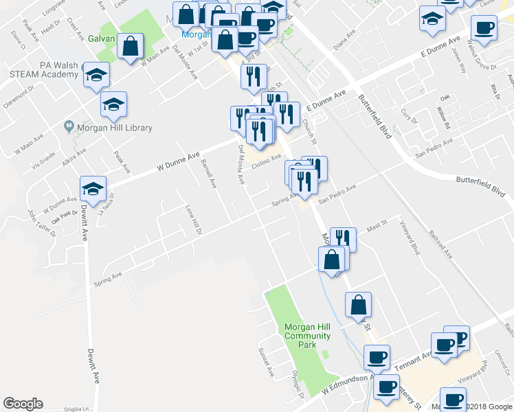 map of restaurants, bars, coffee shops, grocery stores, and more near 16710 Del Monte Avenue in Morgan Hill