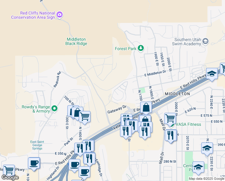 map of restaurants, bars, coffee shops, grocery stores, and more near 660 Twin Lakes Drive in St. George