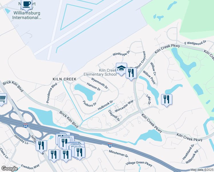 map of restaurants, bars, coffee shops, grocery stores, and more near 833 Wyemouth Drive in Newport News