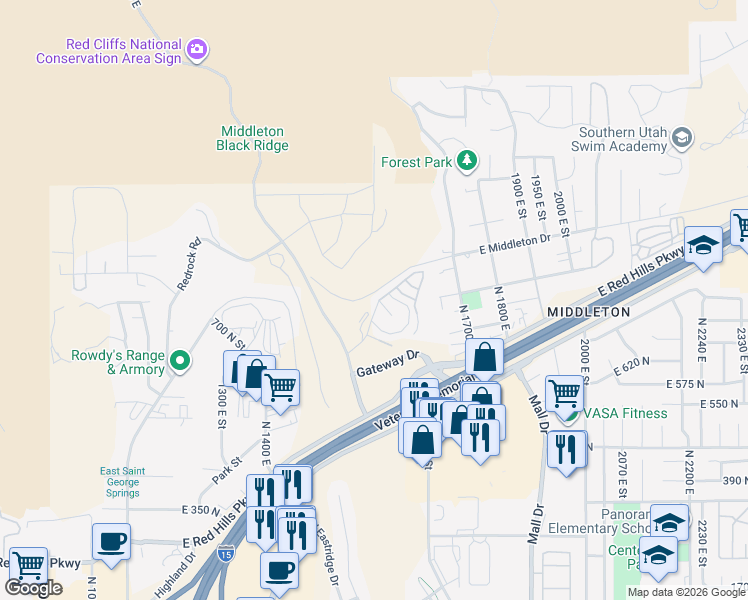 map of restaurants, bars, coffee shops, grocery stores, and more near 660 Twin Lakes Drive in St. George