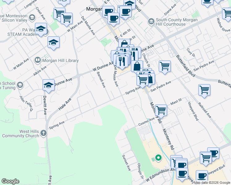 map of restaurants, bars, coffee shops, grocery stores, and more near 210 Spring Avenue in Morgan Hill