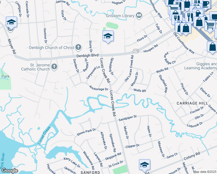 map of restaurants, bars, coffee shops, grocery stores, and more near 94 Anchorage Drive in Newport News