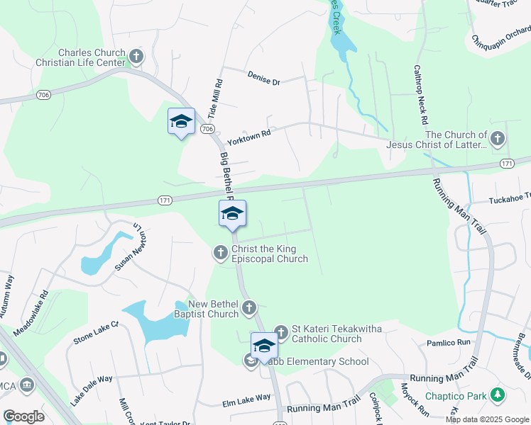map of restaurants, bars, coffee shops, grocery stores, and more near 106 Taurus Court in Yorktown